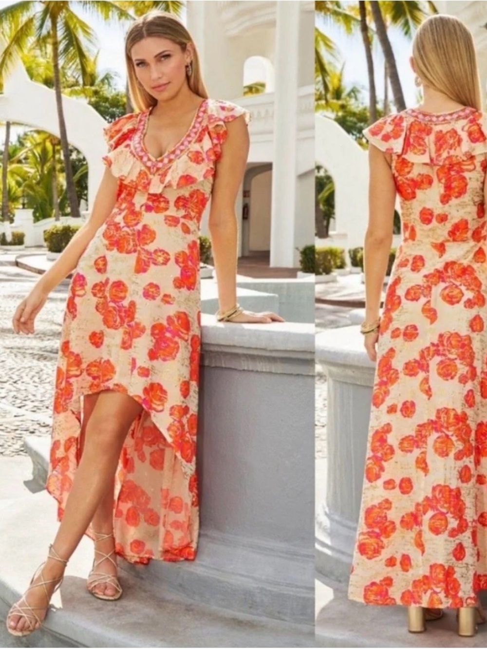 BOSTON PROPER Pink Orange Floral Beaded Ruffle High -Low size 6
